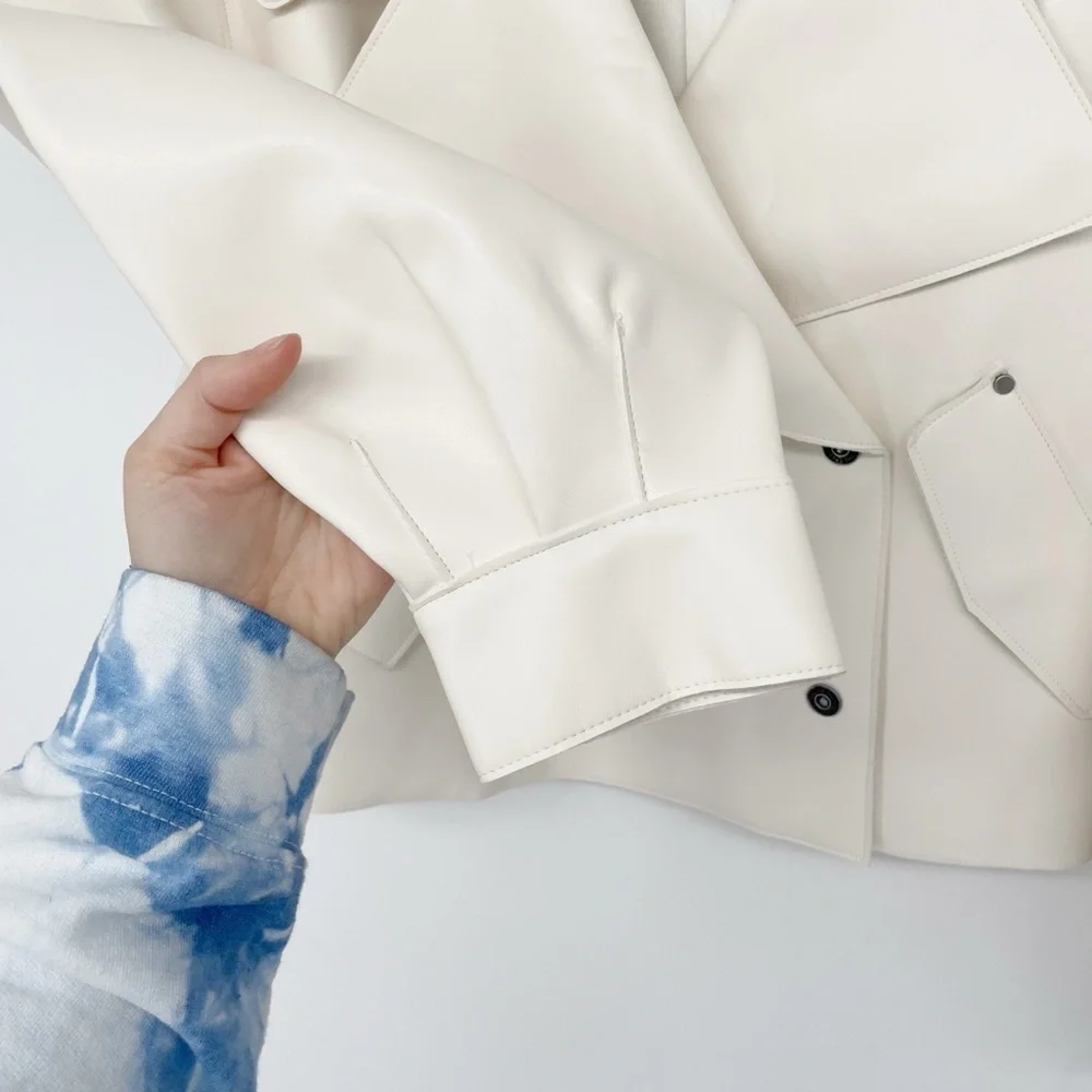 Free People Alexis Vegan Leather Moto Jacket NWT Cream White Boxy - Picture 15 of 16